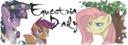 Size: 1000x350 | Tagged: safe, artist:foreversoaring, fluttershy, scootaloo, star swirl the bearded, twilight sparkle, chicken, pegasus, pony, unicorn, equestria daily, g4, banner, costume, female, filly, fluttertree, mare, meme, nightmare night, scootachicken, simple background, transparent background