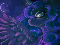 Size: 1600x1200 | Tagged: safe, artist:foreversoaring, princess luna, alicorn, pony, g4, bust, crescent moon, female, gimp, mare, moon, paint tool sai, portrait, profile, smiling, solo, spread wings, wings