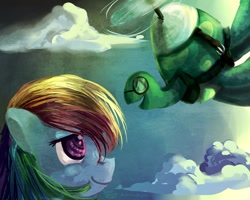 Size: 1000x800 | Tagged: safe, artist:foreversoaring, rainbow dash, tank, pegasus, pony, g4, female, flying, mare, sky, smiling