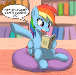 Size: 800x792 | Tagged: safe, artist:johnjoseco, daring do, rainbow dash, pegasus, pony, g4, adobe imageready, beanbag chair, book, couch, dialogue, female, golden oaks library, holding, library, mare, open mouth, reading, sitting, solo, talking to herself