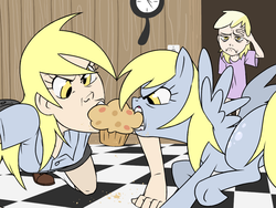 Size: 1024x768 | Tagged: safe, artist:thelivingmachine02, derpy hooves, dinky hooves, human, pegasus, pony, g4, clock, crumbs, facepalm, female, fight, floor, funny, funny as hell, gimp, human ponidox, humanized, light skin, mare, mouth hold, muffin, self ponidox, that pony sure does love muffins, tug of war, unamused, wat