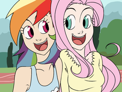 Size: 1024x768 | Tagged: safe, artist:thelivingmachine02, fluttershy, rainbow dash, human, g4, may the best pet win, clothes, cutie mark on clothes, duo, duo female, faic, female, gimp, humanized, light skin, looking at each other, looking at someone, open mouth, open smile, scene interpretation, singing, smiling, touching