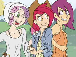 Size: 1024x768 | Tagged: safe, artist:thelivingmachine02, apple bloom, scootaloo, sweetie belle, human, g4, closed mouth, clothes, cowboy hat, cutie mark crusaders, denim, denim jacket, female, gimp, grin, hat, humanized, jacket, light skin, looking at each other, looking at someone, older, one eye closed, open mouth, open smile, shirt, smiling, touching, wink