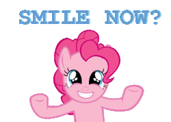 Size: 900x640 | Tagged: source needed, useless source url, safe, artist:sociox, pinkie pie, earth pony, pony, g4, animated, caption, female, gif, homestuck, looking at you, mare, meme, no more ponies at source, simple background, smiling, solo, text, transparent background, what now
