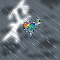 Size: 1000x1000 | Tagged: safe, artist:neyonic, rainbow dash, pegasus, pony, g4, angry, female, flying, gritted teeth, lightning, mare, photoshop, rain, solo