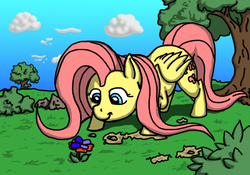 Size: 768x539 | Tagged: safe, artist:neyonic, fluttershy, butterfly, pegasus, pony, g4, female, flower, mare, photoshop, solo, tree