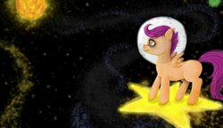 Size: 1280x737 | Tagged: safe, artist:colorlesscupcake, scootaloo, pegasus, pony, g4, astronaut, blank flank, female, filly, moon, solo, space, sun