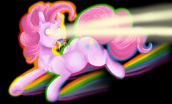 Size: 1098x663 | Tagged: safe, artist:colorlesscupcake, pinkie pie, earth pony, pony, g4, eye beams, female, glowing eyes, mare, puking rainbows, rainbow, solo, vomit, vomiting, wat
