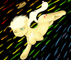 Size: 862x731 | Tagged: safe, artist:colorlesscupcake, applejack, earth pony, pony, g4, abstract background, bandaid, female, hat, jumping, mare, solo