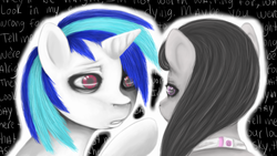 Size: 1034x585 | Tagged: safe, artist:colorlesscupcake, dj pon-3, octavia melody, vinyl scratch, earth pony, pony, unicorn, g4, female, lesbian, mare, red eyes, ship:scratchtavia, shipping, wrong eye color