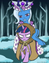 Size: 900x1165 | Tagged: safe, artist:creepy-screw-ball, clover the clever, princess platinum, trixie, twilight sparkle, pony, unicorn, g4, hearth's warming eve (episode), cloak, clothes, costume, crown, duo, duo female, female, hood, inconvenient trixie, jewelry, mare, ponies riding ponies, regalia, riding, trixie riding twilight, unicorn twilight