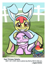 Size: 600x821 | Tagged: safe, artist:creepy-screw-ball, apple bloom, diamond tiara, earth pony, pony, g4, bunny bloom, bunny costume, clothes, duo, duo female, female, filly, forced smile, looking at you, prone, smiling, this will end in tears, zap apple