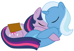 Size: 1080x749 | Tagged: safe, artist:o-fluttershy-o, trixie, twilight sparkle, pony, unicorn, g4, book, cuddling, cute, duo, female, lesbian, mare, ship:twixie, shipping, simple background, sleeping, transparent background, unicorn twilight