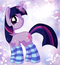Size: 700x760 | Tagged: dead source, safe, artist:xnightmelody, twilight sparkle, pony, unicorn, g4, abstract background, adobe imageready, clothes, female, glowing horn, horn, mare, socks, solo, stars, striped socks, unicorn twilight