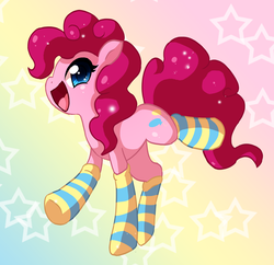 Size: 800x773 | Tagged: dead source, safe, artist:xnightmelody, pinkie pie, earth pony, pony, g4, abstract background, adobe imageready, clothes, cute, diapinkes, female, happy, mare, open mouth, open smile, profile, smiling, socks, solo, stars, striped socks