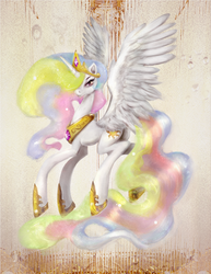 Size: 912x1180 | Tagged: safe, artist:miradge, artist:relydazed, princess celestia, alicorn, pony, g4, abstract background, colored, female, hair over one eye, hoof shoes, mare, solo