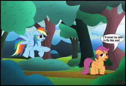 Size: 1824x1247 | Tagged: safe, artist:toxic-mario, rainbow dash, scootaloo, pegasus, pony, g4, blank flank, disabled, duo, duo female, female, filly, forest, mare, sad, scootaloo can't fly