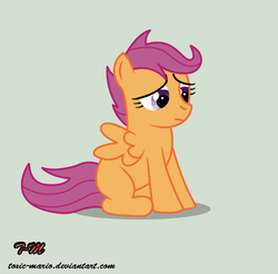 Size: 665x654 | Tagged: safe, artist:toxic-mario, scootaloo, pegasus, pony, g4, blank flank, female, filly, gray background, sad, scootasad, simple background, sitting, solo