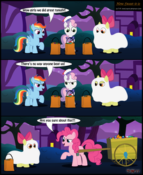 Size: 2251x2749 | Tagged: safe, artist:toxic-mario, apple bloom, pinkie pie, scootaloo, sweetie belle, earth pony, pegasus, pony, unicorn, g4, bedsheet ghost, candy, cart, clothes, comic, costume, cutie mark crusaders, female, filly, ghost costume, ghostbusters, halloween, halloween costume, high res, mare, nightmare night, photoshop, stay puft marshmallow man, stay puft marshmallow mare
