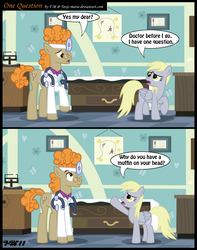 Size: 1322x1678 | Tagged: safe, artist:toxic-mario, derpy hooves, doctor muffin top, hippocrates, horse md, earth pony, pegasus, pony, g4, 2 panel comic, comic, duo, female, male, mare, muffin, photoshop, stallion