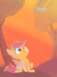 Size: 1500x2000 | Tagged: safe, artist:spanish-scoot, scootaloo, pegasus, pony, g4, feather, female, filly, happy, looking up, paint tool sai, sitting, smiling, solo, tree