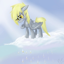 Size: 2000x2000 | Tagged: safe, artist:spanish-scoot, derpy hooves, pegasus, pony, g4, cloud, crying, female, high res, hooves, mare, on a cloud, paint tool sai, rain, sad, solo, standing on a cloud, wings