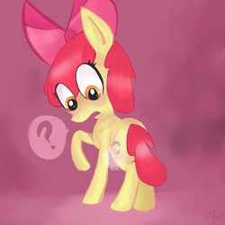 Size: 2000x2000 | Tagged: safe, artist:spanish-scoot, apple bloom, earth pony, pony, g4, alternate cutie mark, cutie mark, cutie pox, cutiespark, female, filly, high res, looking back, paint tool sai, question mark, solo