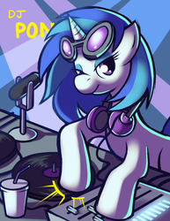 Size: 680x880 | Tagged: safe, artist:karzahnii, dj pon-3, vinyl scratch, pony, unicorn, g4, disc jockey, drink, eyeshadow, female, headphones, looking at you, makeup, mare, microphone, mixing console, solo, turntable