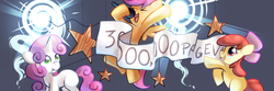 Size: 1500x500 | Tagged: safe, artist:karzahnii, apple bloom, scootaloo, sweetie belle, earth pony, pegasus, pony, unicorn, equestria daily, g4, banner, brony history, celebration, cutie mark crusaders, female, filly, microphone, mouth hold, singing, stars, trio, trio female