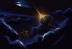 Size: 1680x1152 | Tagged: safe, artist:karzahnii, princess luna, alicorn, pony, g4, city, cloud, cloudy, female, glowing horn, horn, mare, moon, night, scenery, solo, wallpaper