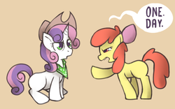 Size: 800x499 | Tagged: safe, artist:karzahnii, apple bloom, sweetie belle, earth pony, pony, unicorn, g4, sisterhooves social, accessory swap, bandana, confused, cowboy hat, duo, female, filly, glare, hat, open mouth, pointing, raised hoof, scene interpretation, simple background, stetson
