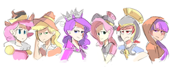 Size: 1500x600 | Tagged: safe, artist:karzahnii, applejack, chancellor puddinghead, clover the clever, commander hurricane, fluttershy, pinkie pie, princess platinum, private pansy, rainbow dash, rarity, smart cookie, twilight sparkle, human, g4, crown, female, founders of equestria, hat, helmet, hood, humanized, jewelry, light skin, line-up, mane six, regalia, ruff (clothing), simple background, white background
