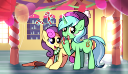 Size: 1024x600 | Tagged: safe, artist:karzahnii, bon bon, lyra heartstrings, sweetie drops, earth pony, pony, unicorn, g4, balloon, candy cane, clothes, duo, duo female, female, hat, mare, scarf, sugarcube corner, twelve days of christmas