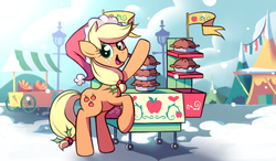 Size: 1024x600 | Tagged: safe, artist:karzahnii, applejack, earth pony, pony, g4, carrot, concession stand, daily deviation, female, food, hat, mare, pie, rearing, santa hat, snow, snowfall, solo, twelve days of christmas