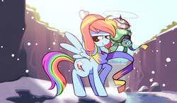 Size: 1024x600 | Tagged: safe, artist:karzahnii, rainbow dash, tank, pegasus, pony, g4, christmas lights, clothes, duo, female, ghastly gorge, hat, mare, pet, scarf, snow, snowfall, twelve days of christmas, winter
