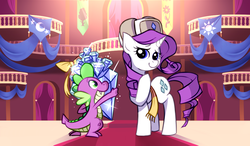 Size: 1024x600 | Tagged: safe, artist:karzahnii, rarity, spike, dragon, pony, unicorn, g4, clothes, cute, female, gem, hat, male, mare, present, raised hoof, scarf, ship:sparity, shipping, straight, town hall, twelve days of christmas