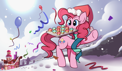 Size: 1024x600 | Tagged: safe, artist:karzahnii, pinkie pie, earth pony, pony, g4, balloon, clothes, confetti, cupcake, female, hat, mare, mouth hold, raised hoof, santa hat, scarf, snow, snowfall, solo, sugarcube corner, tray, twelve days of christmas