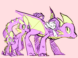 Size: 700x525 | Tagged: safe, artist:karzahnii, rarity, spike, dragon, pony, unicorn, g4, adult, age progression, female, heartwarming in hindsight, hilarious in hindsight, male, mare, quadrupedal spike, ship:sparity, shipping, simple background, sketch, sleeping, straight, teenage spike, winged spike, wings