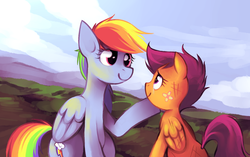 Size: 1720x1080 | Tagged: safe, artist:karzahnii, rainbow dash, scootaloo, pegasus, pony, g4, bandaid, crying, cute, digital painting, duo, duo female, eye contact, female, filly, happy, injured, looking at each other, mare, raised hoof, scootalove, sitting, smiling, tears of joy