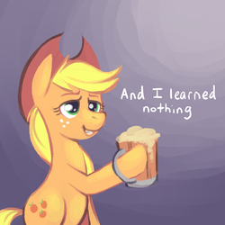 Size: 750x750 | Tagged: safe, artist:karzahnii, applejack, earth pony, pony, g4, the super speedy cider squeezy 6000, applejack's hat, cider, cowboy hat, female, gradient background, hat, hoof hold, i didn't learn anything, mare, solo
