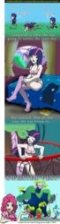 Size: 1100x4024 | Tagged: dead source, safe, artist:glancojusticar, gummy, pinkie pie, twilight sparkle, human, balcony, bra, clothes, comic, dirty, dressing, falling, female, golden oaks library, humanized, mud, panties, photoshop, pink underwear, simple background, stockings, transparent background, underwear, vest, wat, what has magic done, wtf