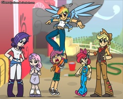 Size: 1152x922 | Tagged: safe, artist:glancojusticar, apple bloom, applejack, rainbow dash, rarity, scootaloo, sweetie belle, human, g4, applejack's hat, bandaid, bandana, barn, belly button, boots, clothes, cowboy boots, cowboy hat, cowboy vest, cutie mark crusaders, dress, female, flying, hat, hay bale, horned humanization, humanized, let me love you, overalls, pointed breasts, siblings, smoke, winged humanization, wings, wristwatch