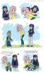 Size: 1500x2500 | Tagged: safe, artist:glancojusticar, fluttershy, spike, twilight sparkle, dragon, human, anthro, g4, ..., clothes, comic, dialogue, female, horn, horned humanization, humanized, light skin, male, scene interpretation, speech bubble, sweater vest, tank top, winged humanization, wings