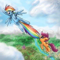 Size: 1500x1500 | Tagged: safe, artist:glancojusticar, rainbow dash, scootaloo, pegasus, pony, g4, barn, biting, female, filly, flying, flying lesson, mare, nom, ponyville, sweet apple acres, tail bite
