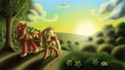 Size: 1920x1080 | Tagged: safe, artist:glancojusticar, apple bloom, applejack, big macintosh, earth pony, pony, g4, apple siblings, apple sisters, brother and sister, female, filly, flower, foal, male, mare, siblings, sisters, sleeping, stallion, sunset, tree, trio, wallpaper