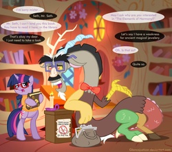 Size: 1360x1200 | Tagged: safe, artist:glancojusticar, discord, twilight sparkle, draconequus, pony, unicorn, g4, bag, bipedal, discord using contractions, female, glasses, golden oaks library, library, male, mare, paper-thin disguise, seems legit