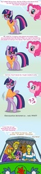 Size: 540x2250 | Tagged: safe, artist:glancojusticar, pinkie pie, twilight sparkle, earth pony, pony, unicorn, g4, bipedal, clothes, comic, crossover, daphne blake, dialogue, eyes closed, female, fred jones, glasses, male, mare, open mouth, purple text, raised hoof, scooby-doo, scooby-doo!, shaggy rogers, smiling, speech bubble, sweater
