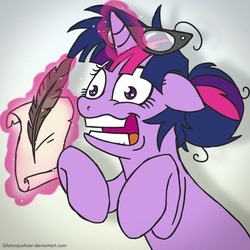 Size: 1280x1280 | Tagged: safe, artist:glancojusticar, twilight sparkle, pony, unicorn, g4, bun hairstyle, female, glasses, glowing horn, hair bun, horn, insanity, magic, mare, quill, solo, telekinesis, twilight snapple, unicorn twilight