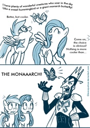 Size: 600x850 | Tagged: safe, artist:glancojusticar, fluttershy, rainbow dash, bird, butterfly, hummingbird, pegasus, pony, g4, 2 panel comic, comic, crossover, female, male, mare, the monarch, the venture bros.