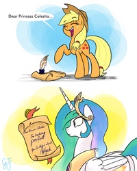 Size: 1024x1280 | Tagged: safe, artist:glancojusticar, applejack, princess celestia, alicorn, earth pony, pony, g4, the super speedy cider squeezy 6000, 2 panel comic, comic, dear princess celestia, female, i didn't learn anything, letter, mare, quill, this will end in tears and/or a journey to the moon